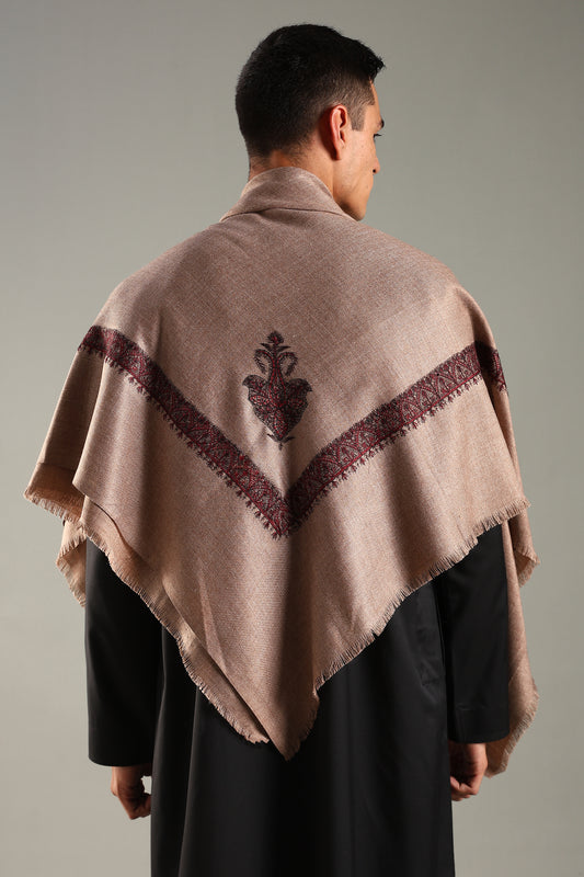 Sand Brown Embroidered Kashmiri Shemagh