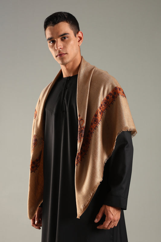 Camel Brown Embroidered Kashmiri Shemagh