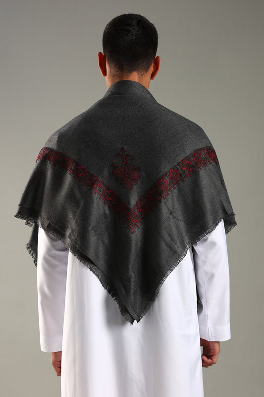 Fossil Grey Embroidered Kashmiri Shemagh
