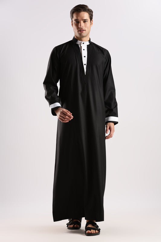 V Neck Black Thobe - Men