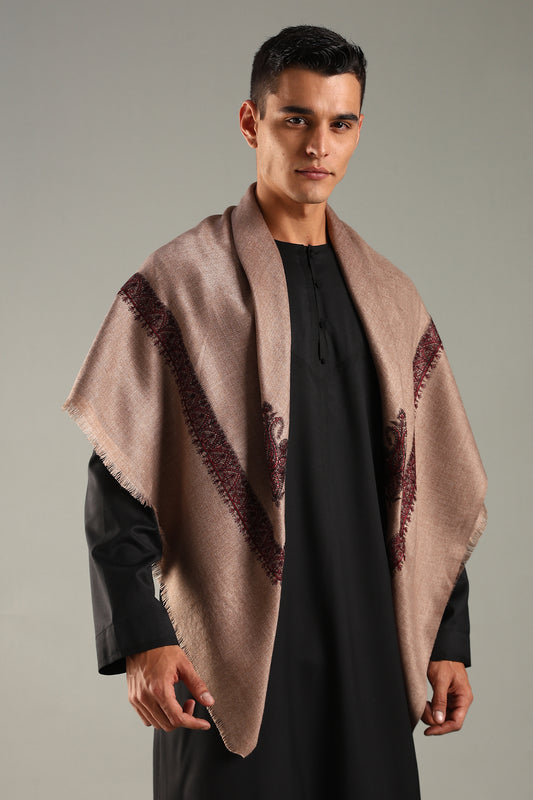 Sand Brown Embroidered Kashmiri Shemagh